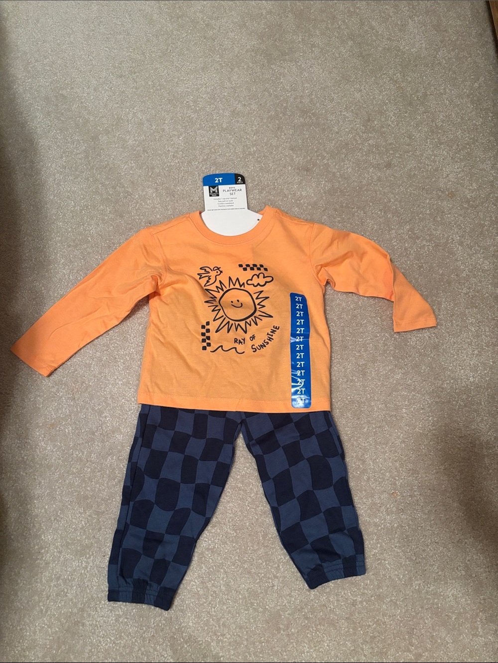 Kids Two-Piece Orange Sun Graphic Top & Navy Check Pants - Matching Set